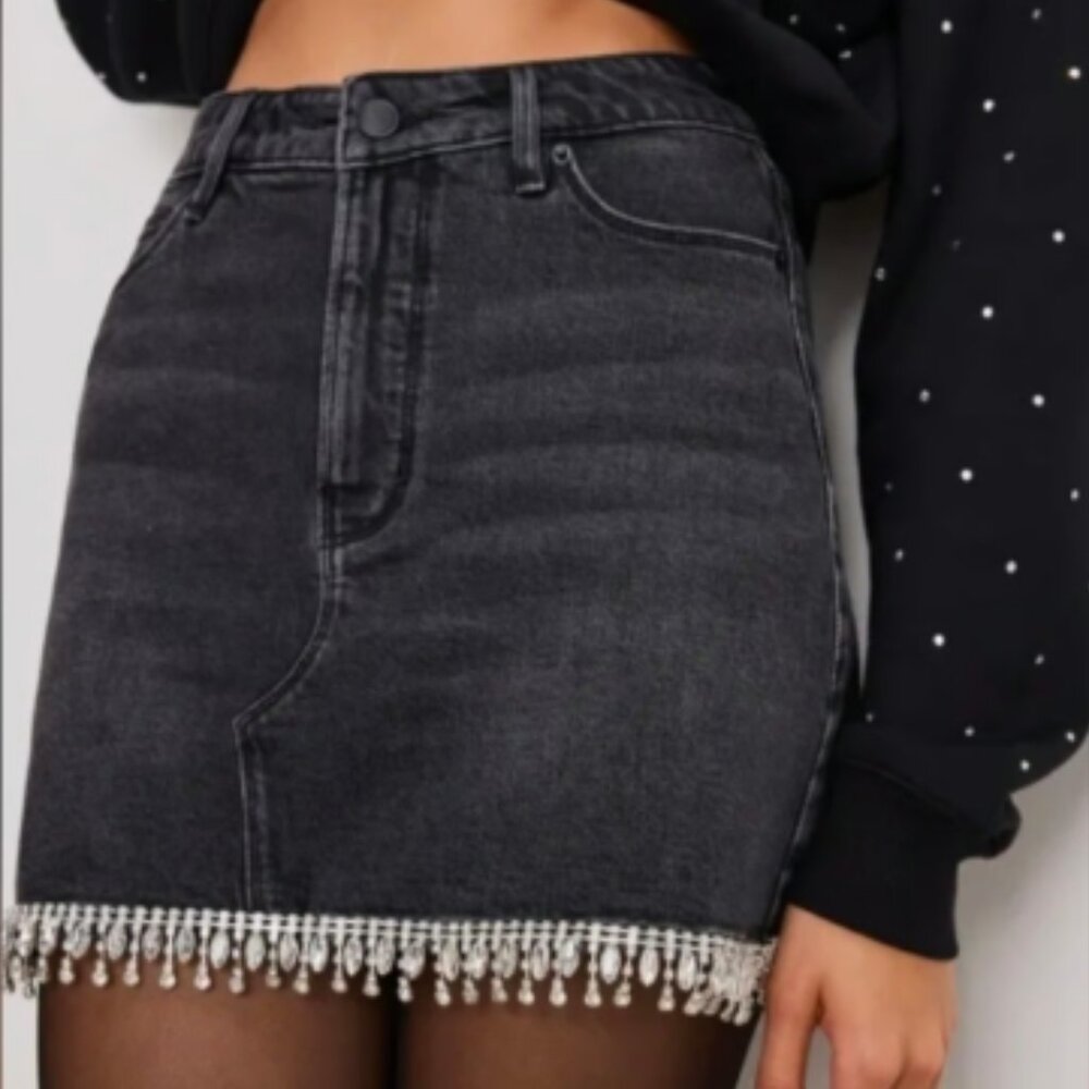 Good American Denim Crystal Trim Mini Skirt